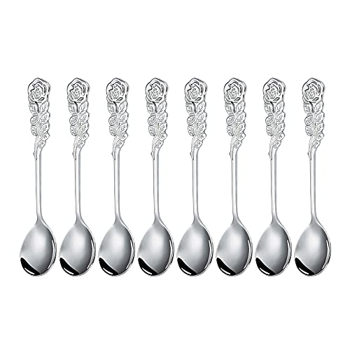 Wenkoni 4.9" MINI Coffee Spoons,Tea Spoons,Stirring Spoons, SUS 304(18/8) Creative Stainless Steel Rose handle Round spoons,8 pcs Set (Color:Silver).
