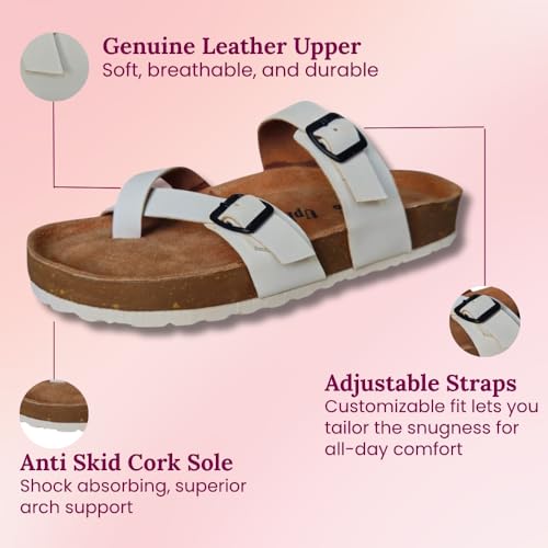 Image of Women's Genuine Leather Slippers | Comfort Sandals | Cushioned Suede Footbed | Anti-Skid Cork Sole | Flip Flips for Everyday Use