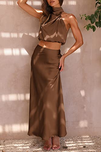 Prettygarden Women's 2 Piece Satin Outfits Summer Sleeveless Mock Neck Crop Tops And Long Skirt Dress Sets (Khaki,Medium) #TOP2