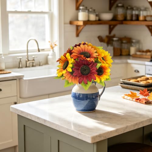 Image of 9PCS Sunflower Fall Artificial,Fake Silk Orange Red Yellow Sunflower | 13.8 inch Autumn Artificial Flowers for Fall Home Decor, Baby Shower, Wedding Decor and Cemetery Flowers Decor