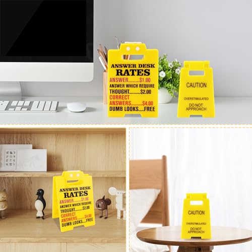 2Pcs Caution Overstimulated Desk Sign Answer Desk Rates Acrylic Sign Funny Office Gag Gifts for Coworker Teammate Employee Boss Humorous Signs for Stress Relief Decor Cubicle Accessories