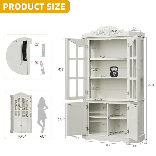 DWVO Carved Storage Cabinet, Tall Modern 5-Tier Large Glass Display Curio Pantry Hutch Buffet Cabinets Bookshelf w/Glass Doors and Shelves for Home Office Kitchen Living Dining Room, Retro White