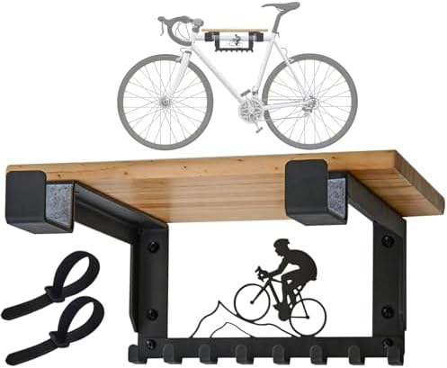Bike Rack Wall Mount with Shelf and 8 Hooks Offer Horizontal Indoor Bike Storage for Sheds Garages. Wooden Bike Rack Bracket for Road, Mountain, Travel Bicycles, Maximizing Space