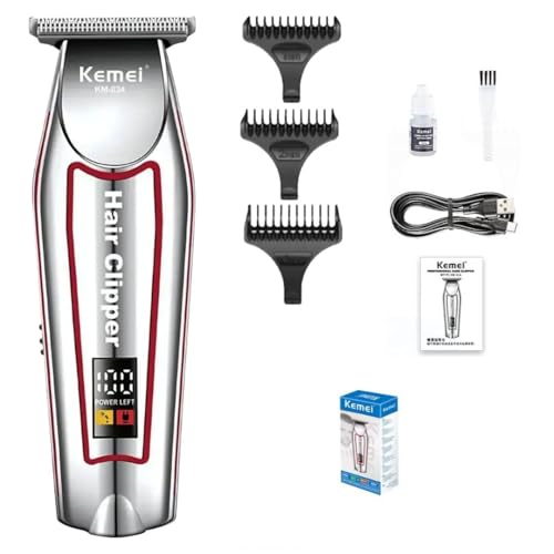 Kemei Tondeuse Cheveux barbe corps Professionnelle, Écran LCD, Rechargeable USB, Kit de Coiffure avec 3 Guides de Coupe, Argent et Rouge