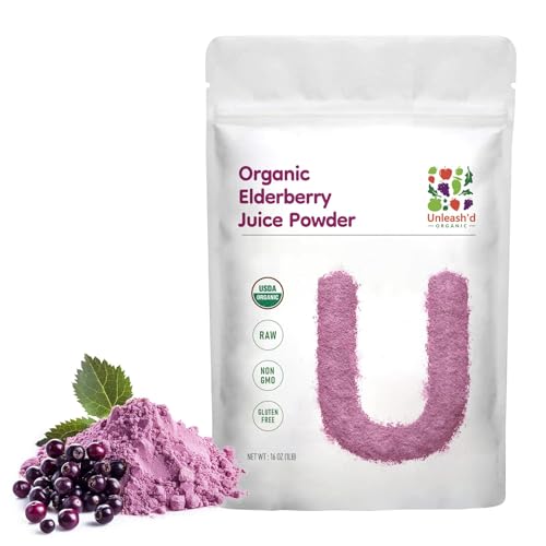 UNLEASH'D ORGANIC Organic Elderberry Juice Powder 16 oz – 100% Pure Natural Superfood, Rich in Antioxidants & Vitamins