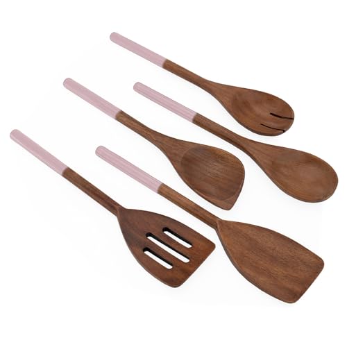 Chef Pomodoro Utensilios de Cocina Madera | Set 5 Piezas Menaje de Cocina Utensilios | Cuchara Madera, Paleta Cocina, Espátula, Tenedor, Espátula con Ranuras 30 cm | Set Utensilios de Cocina (Rosa)