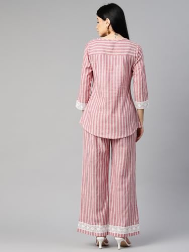 Image of Cottinfab Women Striped Red & White Front Tie-Up Top with Trousers Co-ord Set