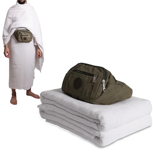 Kit Ihram Hajj et Omra pèlrinage Adulte 1350grame sac banane et ceinture Ensemble de 2 serviettes...