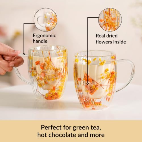 Image of Nestasia Double Wall Glass Mug with Dried Flowers Set of 2 (350ml Each) - Transparent Borosilicate Floral Glass Tea Cups | Lightweight & Durable Coffee Mugs - Perfect for Gifting (Yellow & Orange)