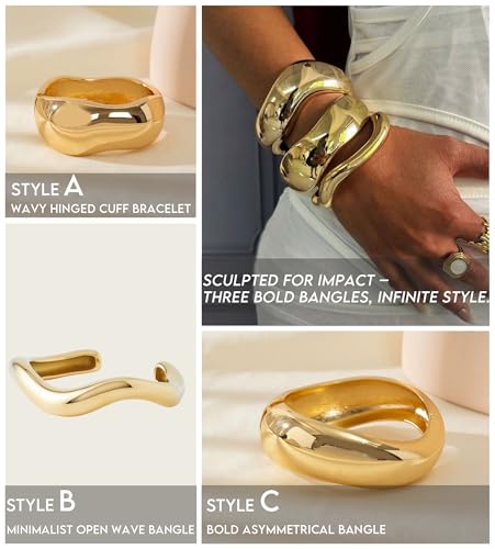 ALEXTINA Chunky Gold Bracelets Set for Women 18K Gold Plated High Shine Bracelets Minimalist Open Wide Cuff Bracelets Gold Cuff Bracelet Trendy Gold Bangle Bracelet4