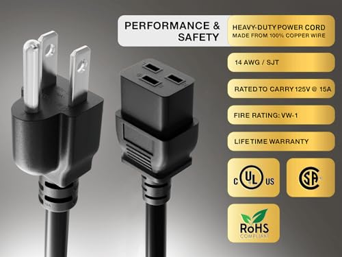 Cable Leader 6ft 14 AWG Power Cord NEMA 5-15P to IEC320 C19 Three Horizontals, 15A/125V, Power Line for Servers, high-Power Computers, PDUs, UPS Systems, Black