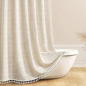 Awellife Boho Shower Curtain for Bathroom Beige Linen Fabric Shower Curtains Set with 12 Hooks Thick Textured 72×72