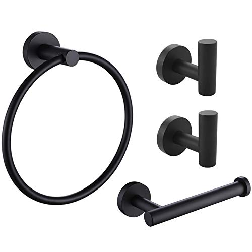 Aplusee 4 Pieces Bathroom Accessories Set Matte Black Hand Towel Holder, Toilet Paper Holder, 2 Utility Coat Hooks Modern Stainless Steel Bath Fixtures Wall Mounted #TOP9