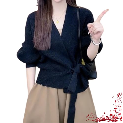 TOTDYIKH Pull Cache-cœur décontracté à col en V pour Femme (One-Size,Black)