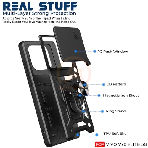 Image of Armor Bumper Back Cover Case for Vivo V70 5G / V70 Elite 5G | Rotating Camera Cover, Ring Holder & Kickstand | Heavy Duty & 360 Degree Protection Vivo V70 5G / V70 Elite 5G Back Cover (Black)