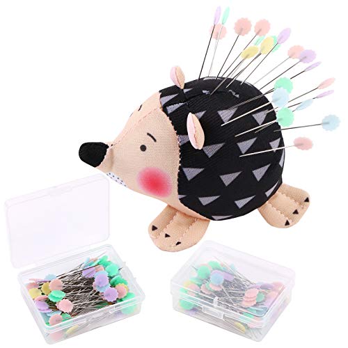 BENBO 1PC Hedgehog Shape Pin Cushion with 100PCS Flat Head Straight Pins, Flower Head Sewing Pins Straight Quilting Pins Sewing Needle Pincushions Quilting Holder Fabric Pin Cushion