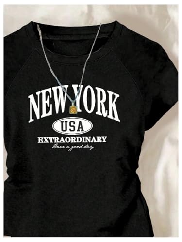 Girl's Letter Graphic Tees Crewneck Short Sleeve Fitted T Shirts Preppy Summer Tops3