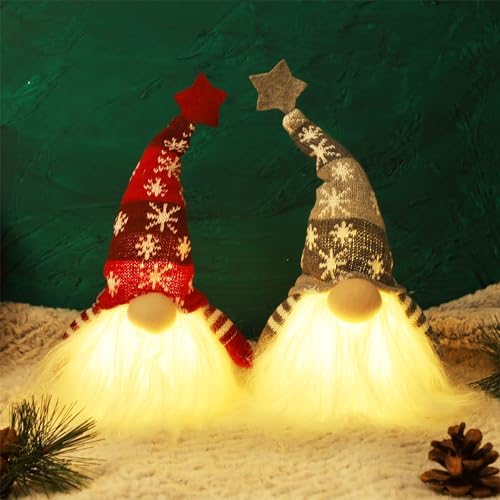 Juegoal 11" Lighted Christmas Gnome Santa, Handmade Plush Scandinavian Swedish Tomte, Light Up Elf Toy Holiday Present, Battery Operated Winter Tabletop Christmas Decorations, 2 Set