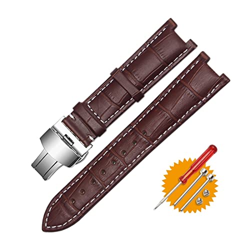 DITVA Genuine Leather Watchband for GC Wristband 22x13mm 20x11mm Notched Strap Withstainless Steel Butterfly Buckle(Brown White Silver,20-11mm)
