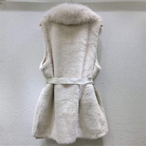 Faux Fur Long Vests for Women Casual Lapel Sleeveless Warm Gilet Fluffy Shearling Coat with Belt and Pockets3