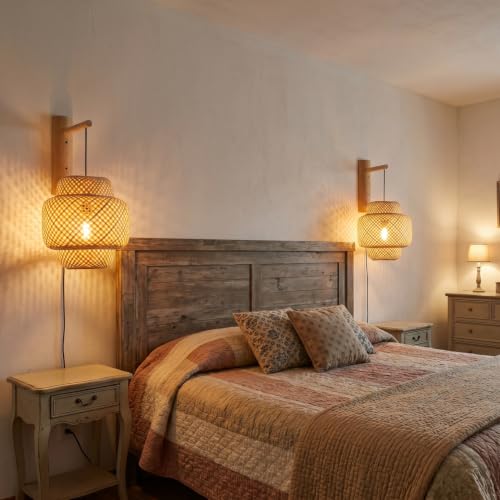 Image of Farmhouse Rattan Plug in Wall Sconce for Bedroom, Bamboo Hanging Wall Lamp