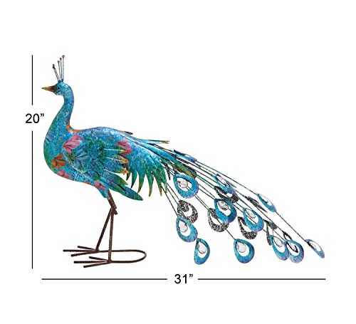 Deco 79 Metal Peacock Indoor Outdoor Garden Sculpture With Crystal Accents, 31" X 7" X 20", Turquoise #TOP2