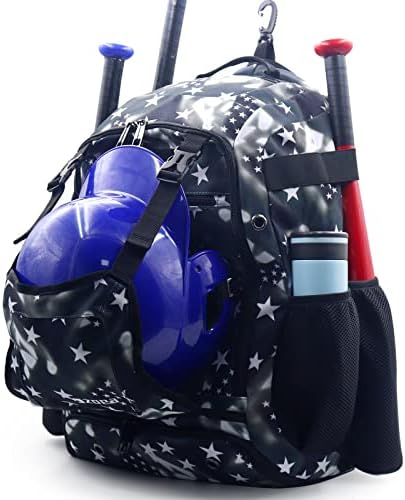 ZOEA Baseball Bat Bag Backpack, T-Ball & Softball Equipment & Gear for Youth and Adults, Large Capacity Holds 4 Bats, Helmet, Gloves, Cleats,Shoes Compartment & Helmet Holder (Star Black)
