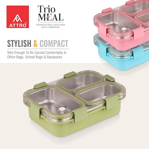 Image of ATTRO Trio Meal Stainless Steel Lunch Box with 3 Partition, Microwave Safe, Airtight Leakproof Silicone Seal Lid, BPA-Free Food Grade Tiffin Box for Office School Kids - 600ml - Green