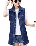 Flygo Womens Vintage Lapel Distressed Sleeveless Mid Long Denim Jean Vest Jacket (XX-Large, Blue)