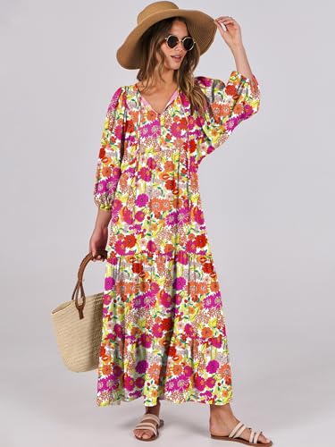 Image of ANRABESS Womens Boho Floral 3 /4 Puff Sleeve Maxi Dress | Tiered Flowy Loose Fit, Comfy Soft Rayon Fabric, Wedding Guest Church Beach, Modest Elegant, Spring Summer Fall Outfits