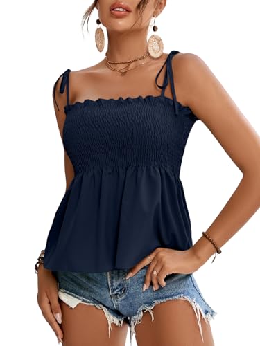 LYANER Women's Tie Shoulder Cute Cami Blouse Navy Blue X-Large