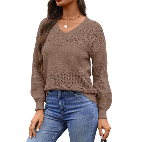 Womens V-Neck Knitted Tops Long Sleeve Shirt Fall Trendy Sweater 2025 Fashion Casual Work Outfits3