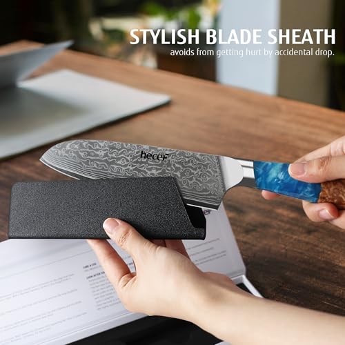 hecef Japanese Santoku Knife 7 Inch – Damascus Steel Blade with ABS Sheath, Blue Resin Handle– Ultra Sharp Chef Knife for Effortless Slicing, Cutting & Dicing, Gift for Home Cooks & Pros - Image 8