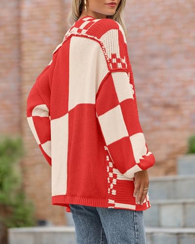 Image of BTFBM Casual Cardigan Sweater for Women Fall 2026 Long Sleeve Open Front Chunky Knit Sweaters Checkered Outwear Coat