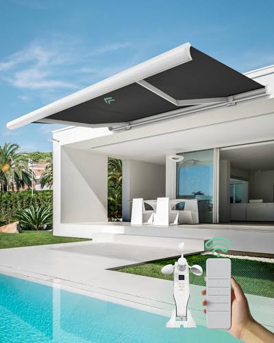 Yoolax 12'x8.2' Solar Motorized Retractable Awnings for Patio, Electric Retractable Awning with Smart Wind Sense, Full Cassette Design, Waterproof Fabric for Outdoor (Black)