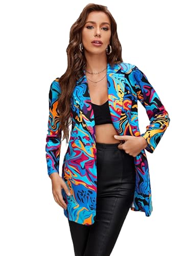 Women's Graphic Printed Blazer Button Open Front Colorful Long Sleeve Notch Lapel Pop Art Jacket Multicolored