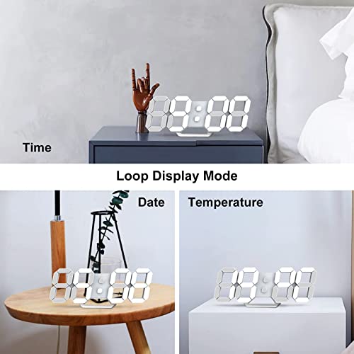 Image of Deeyaple Led Digital Alarm Clock 3D Small Wall Clock No Noise Snooze Dimmable Time Memory 12 /24 Date Temperature Remote Control Night Light Office Kitchen Living Room Bedroom (9.7 Inch, White)