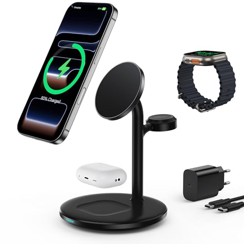 RoRoSkin Cargador Inalambrico 3 en 1 para Varios Dispositivos, Estación de Carga rápida mag-Safe de 15 W para iPhone 16, 15 y 14, Cargador mag-Safe para iWatch Ultra2/1/Series 10/9/8, AirPods