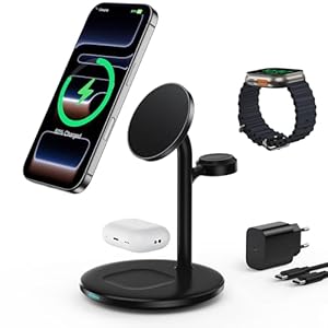 RoRoSkin Station de Charge inductive, Chargeur de Station de Charge sans Fil 3 en 1, Chargeur sans Fil Compatible avec Chargeur Mag Safe pour iPhone 16 15 14 iWatch Ultra 2/1,Series 10/9/8