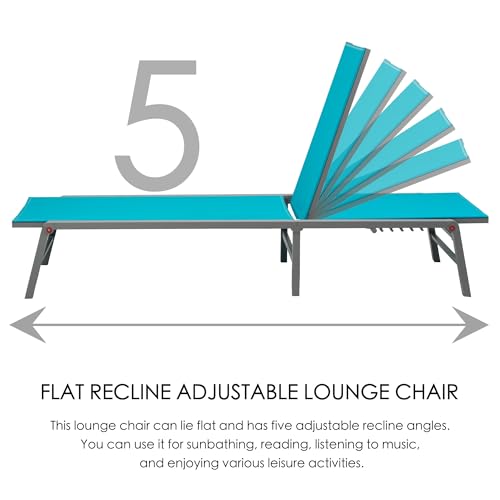 Kozyard 3 Packs Lounge Chair Outdoor Set Foldable Outdoor Lounge Chair with 5 Adjustable Backrest, Patio Lounger, Recliner and Full Flat Chairs for Patio, Beach, Pool (2 Aqua Textilence W/Table) - Thumbnail 4