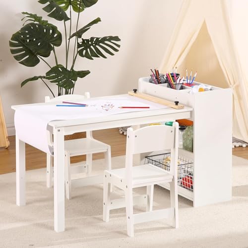 Table and Chair Set, Drawing Table and 2 Chairs Set, Craft Desk with Storage Shelves, Paper Roller, Wooden Art Table Activity Table White by JoanKaren - Image 7