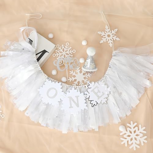 Copos de nieve para decoración de fiesta de primer cumpleaños, pancarta blanca para silla alta, corona de primer cumpleaños, decoración para tarta de primer cumpleaños