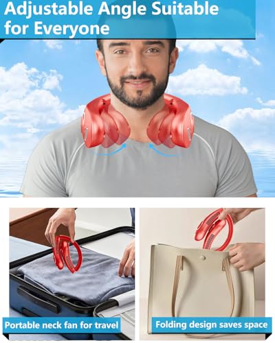 Image of Portable Neck Fan with Water Mist, 4000mAh 4-9H Lasting, LED Display & 5 Fan-Speed, Dual Vents Rechargeable Neck AC, Hands-Free Bladeless Face Fans for Women Men Teens Birthday Gifts Beach Golf, Red