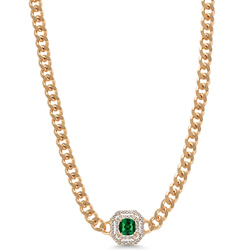 Gem Stone King 14K Gold Plated Green Nano Emerald And Moissanite Cuban Curb Link Chain Pendant Necklace For Women (1.24 Cttw, Cushion 6Mm, 16 Inch Chain + 2 Inch Extender) #TOP1
