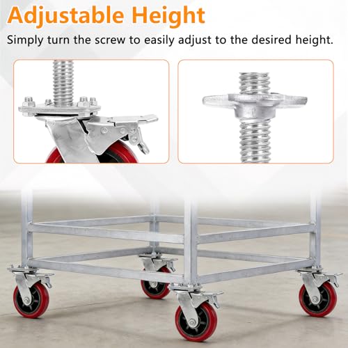 4 Stück 6\ Gerüstrollen/Gerüst-Nivellierrollen, Höhenverstellbare Rollen mit Doppelbremsen, 30 mm Gewindestange, 500 kg Tragfähigkeit, 360° Drehbar für Arbeitsplattformen, Regale & Werkbänke