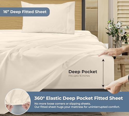 Image of ROYALE LINENS 100% Organic Cotton Twin XL Sheet Set - Percale Weave - 3 Pieces Set - 1 Flat, 1 Deep Pocket Fitted Sheet and 1 Pillowcases - Cream Bed Sheets - Sabanas Twin XL - Crisp Cool (Cream)