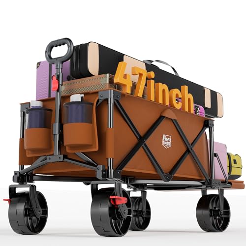 Image of Timber Ridge 47 inch L Collapsible Wagon with Tailgate & Brake, 300 lbs Heavy Duty Beach Wagon with All-Terrain Big Wheels, 250L Foldable Utility Cart for Sand Camping Sports Shopping, Orange