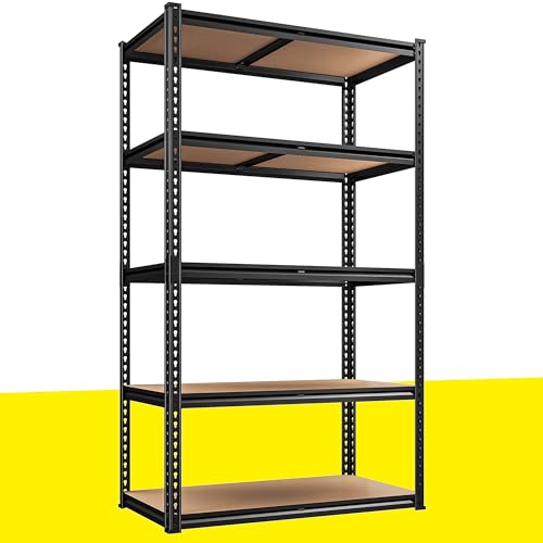 REIBII スチールラック 幅90*奥行40*高さ183cm メタルラック 高耐荷重900kg 棚 ラック 収納ラック 5段 組立簡単 スチールラック スリム 高さ調整可能 ガレージ キッチン 物置 倉庫 業務用 家庭用 ブラック