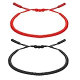 Handmade Buddhist String Bracelets for Women Men Boys Girls, Tibetan Adjustable Woven Rope Bracelet for Protection and Luck, Red and Black, 2or 6 pcs/set (tight braid-red+black)