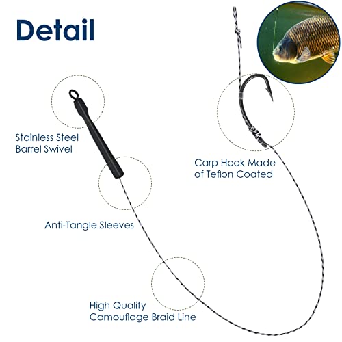 Luroad Hair Rigs for Carp Fishing 20 Pcs Curved Carp Rigs Hook Anti-Tangle Swivel Braided line with 3 Card Boilie Bait Stops Dumbell Stoppers and Stringer Needle (Barbless - Image 3